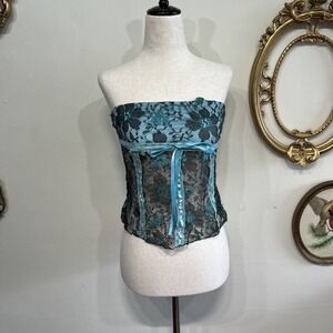 Vintage Deco USA Teal & Black Floral Lace Tube Top - Size Small